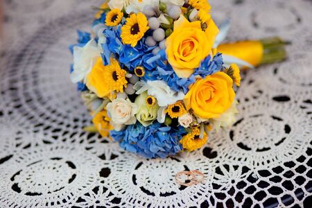 Close up of wedding yellow blue ukranian bouquetの写真素材