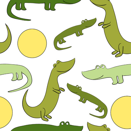 Vector illustration. Funny and cute green crocodiles and sun. Seamless patternのイラスト素材
