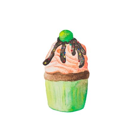 Christmas and New Year cupcake with chocolate and peach cream with ball. Watercolor hand drawn illustration isolated on white. Sweet and tasty idea for cards, greeting, brochures etcの写真素材