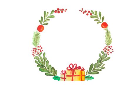 Hand drawn watercolor raster illustration. Christmas Wreath isolated on white with christmas balls, gifts, berries and mistletoe. Perfect for invitations, greeting cards, quotes, blogs, wedding frames, posters and more.の写真素材