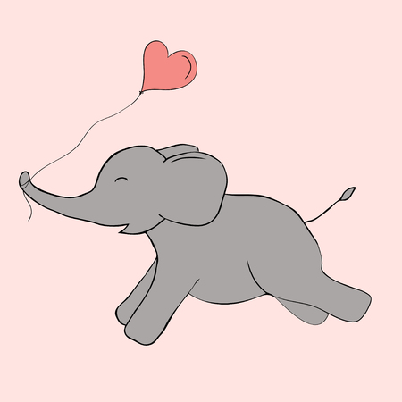 Cute and funny elephant with balloon heart doodle. Pink and grey colors. Vector image.  Ideal for sites, brochures, design, textile, banners etcのイラスト素材