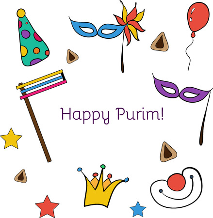 Hand drawn doodle elements set for Jewish holiday Purim: carnival masks, baloons, stars, hat and traditional Hamantaschen cookies isolated on white background. Happy Purim in Hebrew. Vector illustration good gor textile, sites, banners, brochures, greetinのイラスト素材