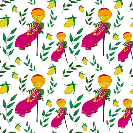 Happy Gudi Padwa colorful vector seamless pattern. Gudi and neem leavesVector illustration for indian New Year. Good for sites, brochures, paper, textile, cardsのイラスト素材
