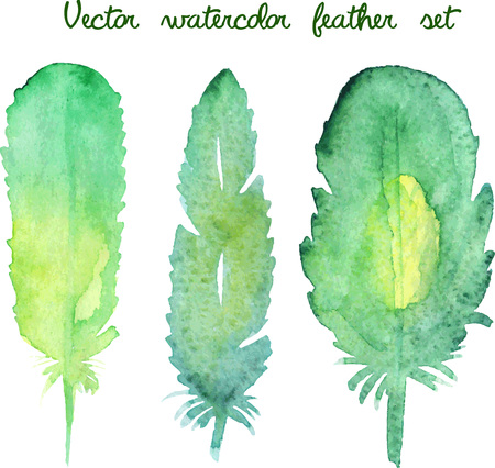 Set of vector watercolor hand drawn feathers. Green salad colors. Watercolor illustration on white background. Ideal for web, print, decor, brochures, sutes, banners, textile, paper etcのイラスト素材