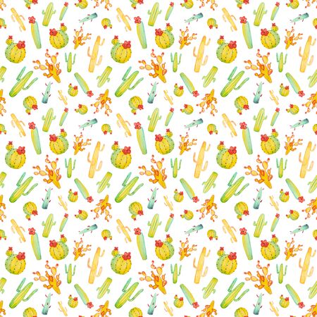 Watercolor hand painted cactus seamless pattern. Colorful vibrant green, red, orange and yellow cactus succulents for your designの写真素材