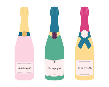 Wine bottles. Doodle champagne and prosecco vintage glass bottles wine. Flat vector icons setのイラスト素材
