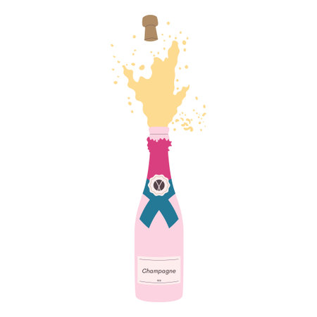 The cork flies out of bottle of champagne with splashes. Vector illustrationのイラスト素材