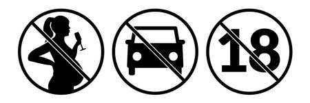 Prohibition sign Of Pregnant Woman Drinking Alcohol, no 18, no drive. Vector icon set for alcohol bottleのイラスト素材