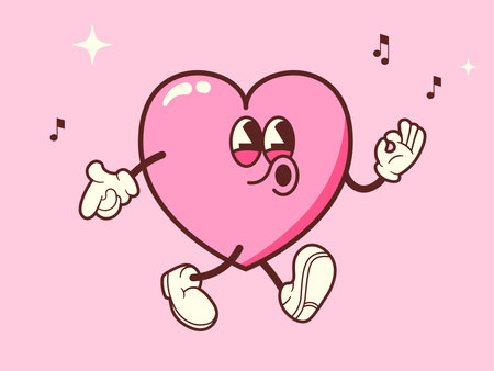 Vintage groovy heart. Retro character with arms and legs. Cartoon Romantic mascot Vector illustrationのイラスト素材