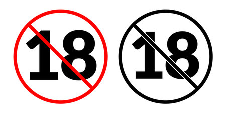 Prohibition sign age restriction. Vector icon no 18 for alcohol bottle, packs of cigarettes and public placesのイラスト素材