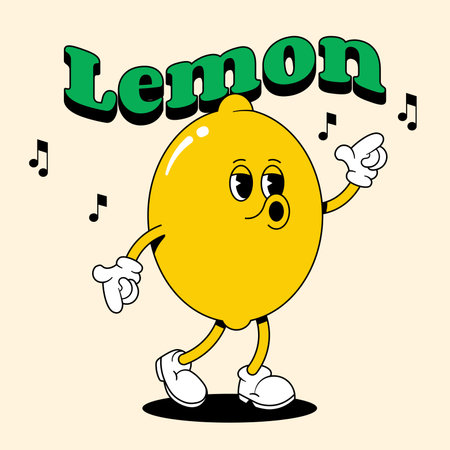 Retro Lemon with arms and legs. Yellow groove fruit. Vector illustration for juice, drink, lemonadeのイラスト素材