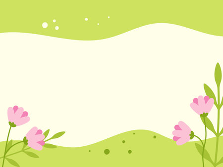 Abstract spring background with flowers. Hand drawn green Template with copy space text. Modern flat vector illustrationのイラスト素材