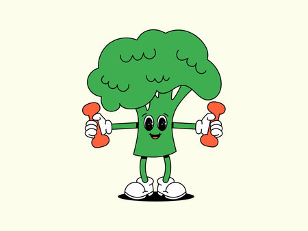 Sport broccoli with dumbbells in hands. Green groove vegetable. Character of Healthy food. Retro Vector illustrationのイラスト素材