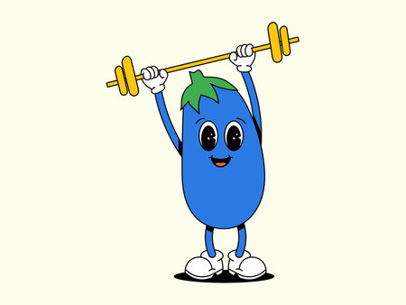 Sport Eggplant with dumbbells. Blue groove vegetable. Character of Healthy food. Retro Vector illustrationのイラスト素材