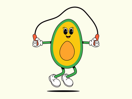 Sport Avocado jumps rope. Character of Healthy food. Retro Vector illustrationのイラスト素材