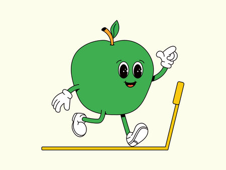 Sport Apple on the treadmill. Green groove vegetable. Character of Healthy food. Retro Vector illustrationのイラスト素材