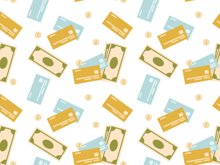 Financial pattern of banknotes, coins and credit cards. Seamless background with moneyのイラスト素材