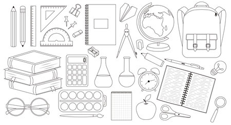 Line art Set of school supplies. Back to school stationery collection. Various accessories for study, student equipment and officeのイラスト素材