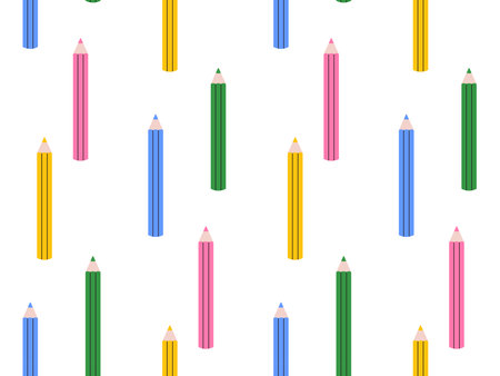 Seamless background with colored pencils. Bright pattern with stationery accessories for schoolのイラスト素材