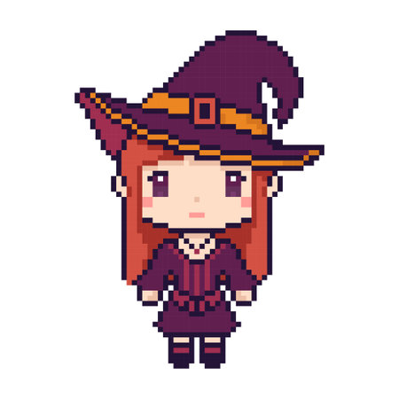 Pixel art witch girl wearing a hat. Retro style character perfect for Halloween designs and vintage game aestheticsのイラスト素材