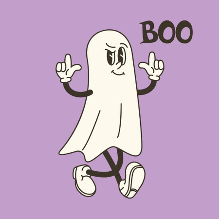 Groovy retro ghost with arms and legs on purple background. Vector illustration for Halloween designs, fun decorations, and festive invitationsのイラスト素材