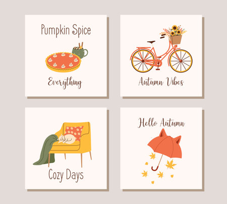 Square banner set for autumn postcards. Vector illustration for fall themed designsのイラスト素材