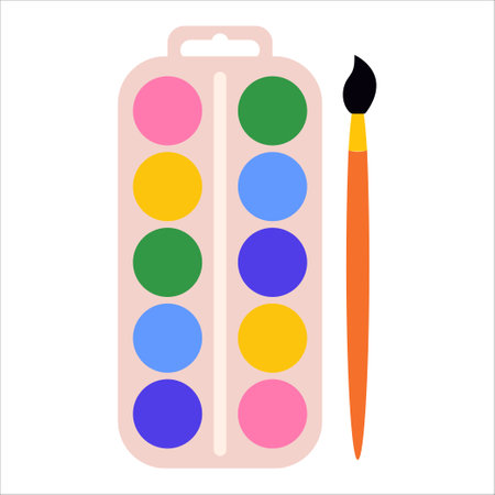 Watercolor paints with brush on isolated background. Vector illustration for art supplies, creative projects, and educational materialsのイラスト素材