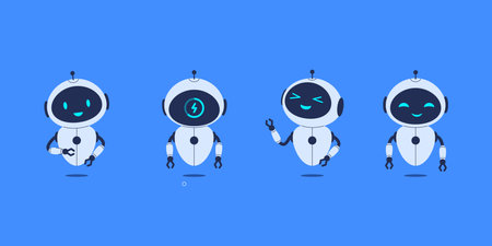 Set of different robots on blue background. Vector illustration for AI concepts, technology designs,...