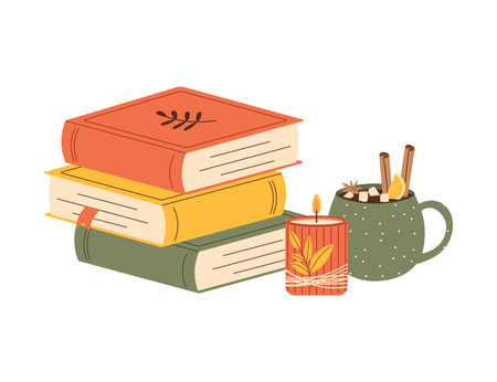 Cozy composition of books, hot drink and candle. Autumn vector illustration for seasonal designs, fall decor, and comforting atmosphere conceptsのイラスト素材