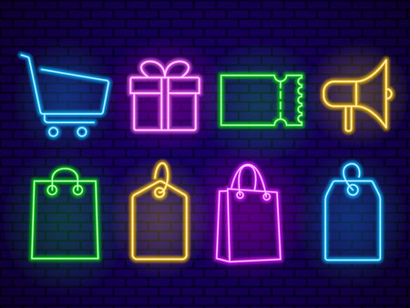 Set of neon sale icon. Vector illustration for promotional designs, discount labels and marketing elementsのイラスト素材