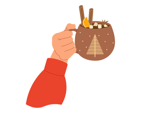 Woman hand raised holding hot drink. Vector illustration for cozy seasonal designs, lifestyle visuals and uplifting contentのイラスト素材