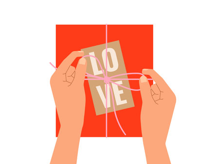 Hands of woman holding gift. Vector illustration with copy space for diversity themed designs, holiday cards or gifting promotionsのイラスト素材