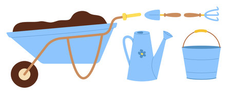 Set of gardening tools with wheelbarrow, watering can, bucket and hoe. Vector illustration for farming, landscaping, planting and garden maintenance conceptsのイラスト素材