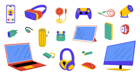Bright collection of electronic gadgets. Vector illustration of various digital devices for...