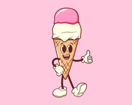 Groovy ice cream character in waffle cone. Vector illustration for dessert mascot, vintage sweet shop and nostalgic designのイラスト素材