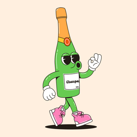 Happy vintage champagne bottle mascot walking. Retro Vector for party invitations, event promotions, holiday designのイラスト素材