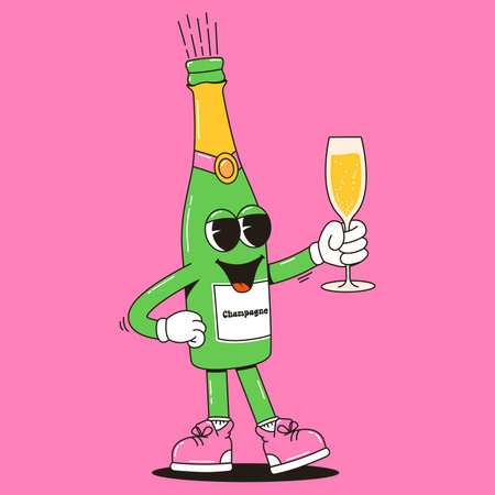 Vintage champagne mascot holding glass. Vector illustration for party invitations, cards, designsのイラスト素材