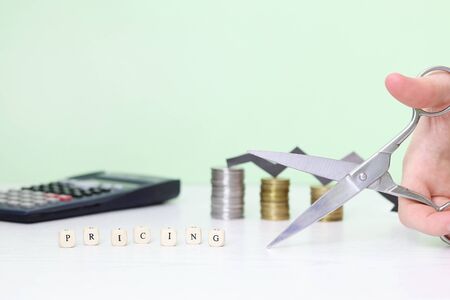 The word pricing, which is assembled from cubes in the foreground and a blurry black arrow on coins and scissors. Copy space - concept economy, money, purchase, crisis.の写真素材