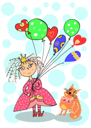 Princess with balloons and a cat. Vector illustration in cartoon style. Valentine's Day card. Bright vector for a festive mood.のイラスト素材