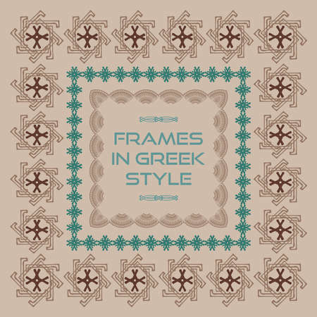 Decorative frames in the Greek style. Set of vector isolated icons. A series of square frames. Elements drawn by hand.のイラスト素材