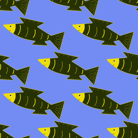Cartoon fish in flat style in vector seamless pattern. Fish, zoological, marine texture. Striped fish on a blue background. Illustration for pet shop, fishing shop, fish restaurant, oceanariumのイラスト素材
