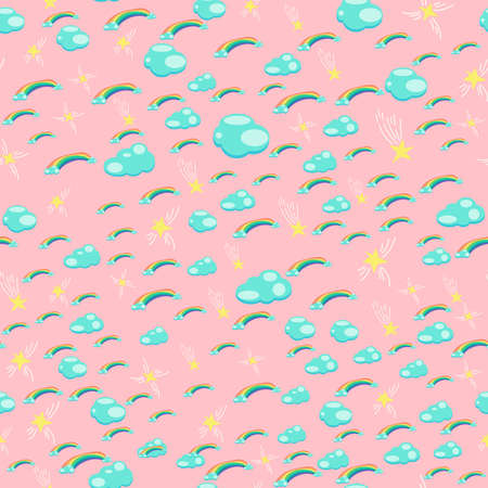 Childish vector seamless pattern in flat style. Texture with clouds, rainbow and stars on a pink background. Print for childrens textilesのイラスト素材