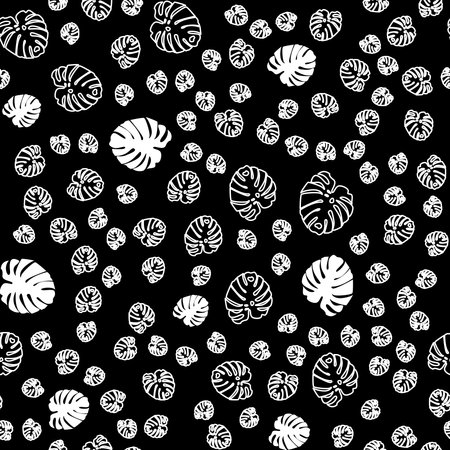 Black and white monstera leaves. Monochrome seamless pattern. Botanical texture. Tropical backgroundのイラスト素材