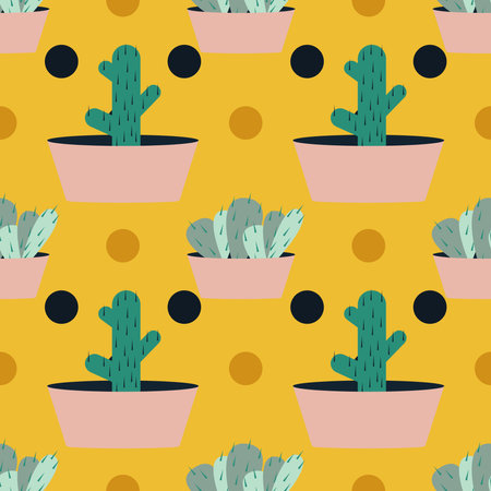 Seamless pattern with cacti in a pot. Vector texture for fabric print, packaging, label of cactus alcoholic drinksのイラスト素材