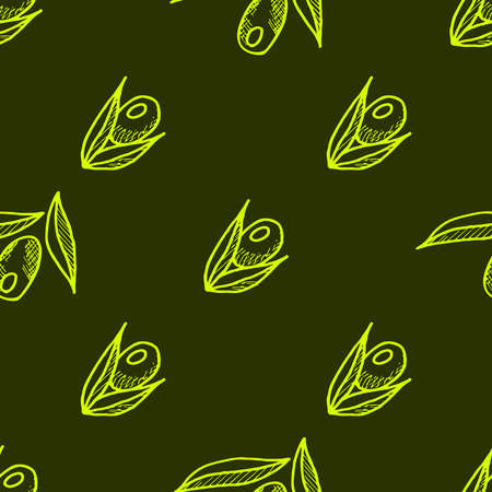 Seamless vector pattern with olives, berries, leaves. Botanical, plant texture for wallpaper, olive oil label, pickled olives, packagingのイラスト素材