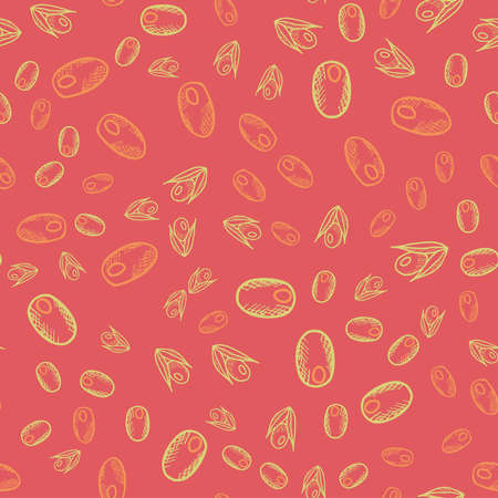 Seamless vector pattern with berries, olives and leaves, nuts. Floral texture in doodle style. Illustration for food packaging, olive oil label, pickled olives, grocery store designのイラスト素材