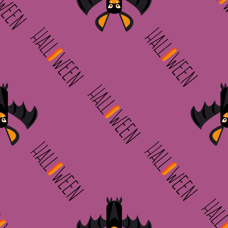 Texture with cartoon style bats and inscription happy halloween. Seamless vector pattern for Halloween, kids print, wallpaper, textile.のイラスト素材