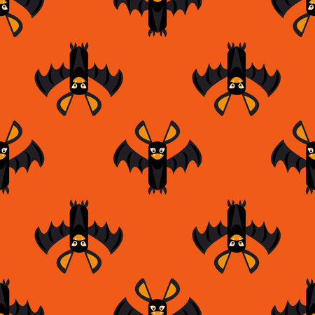 Texture with cartoon style bats on an orange background. Seamless vector pattern for Halloween, kids print, wallpaper, textile.のイラスト素材