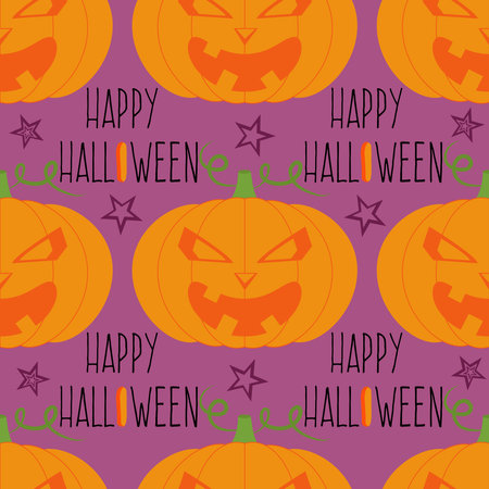 Texture with cartoon style pumpkins, happy halloween lettering and stars. Seamless vector pattern for Halloween, kids print, wallpaper, textile.のイラスト素材