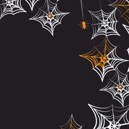 Black background with cobwebs and a spider hanging from a cobweb. Illustration for postcard, flyer, halloween bannerのイラスト素材